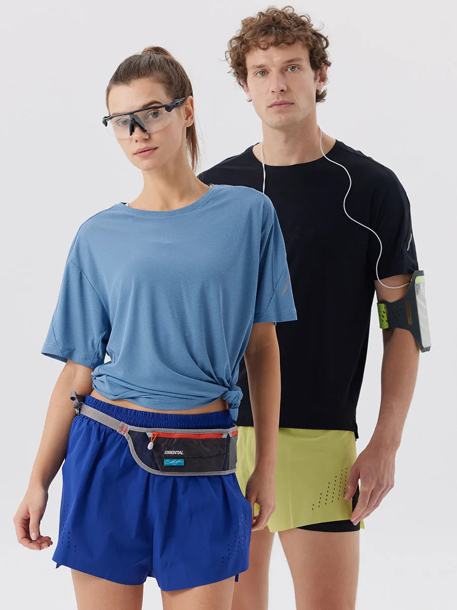 Men's straight-leg nylon sports shorts in black with side slits on leg.