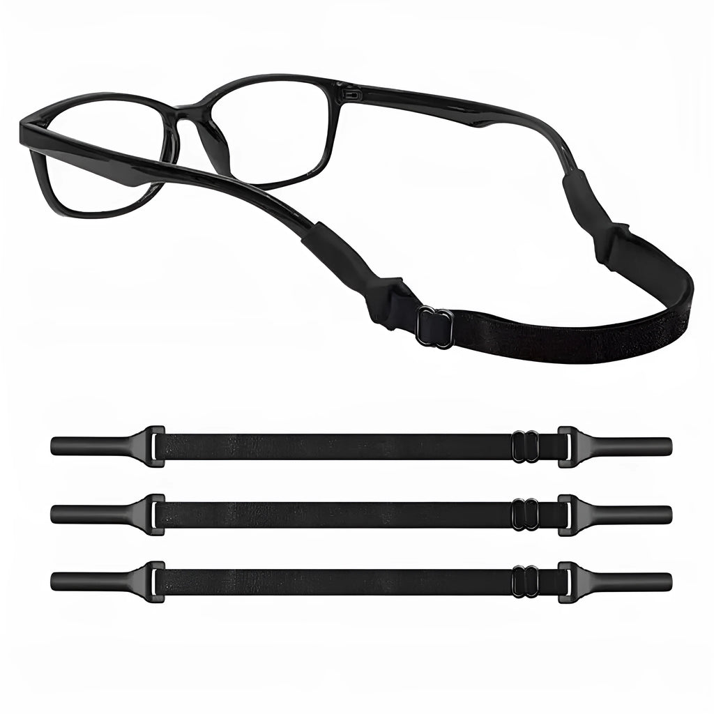 Black adjustable glasses cord with silicone earpiece hooks for spectacle retention
