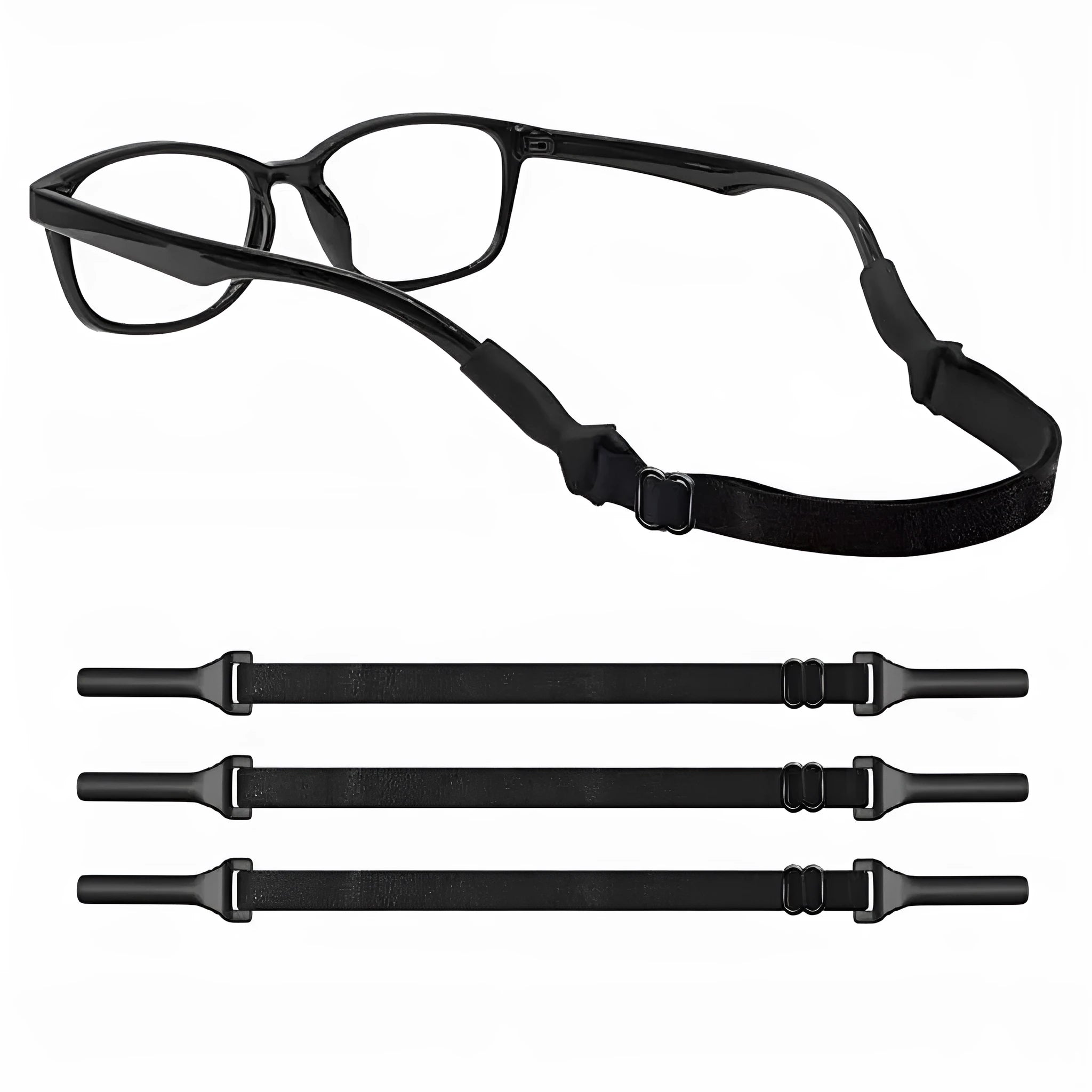 Black adjustable glasses cord with silicone earpiece hooks for spectacle retention