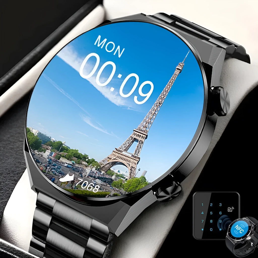 Black smartwatch with 46mm case, silicone strap, and 1.45-inch touch screen showing heart rate data.