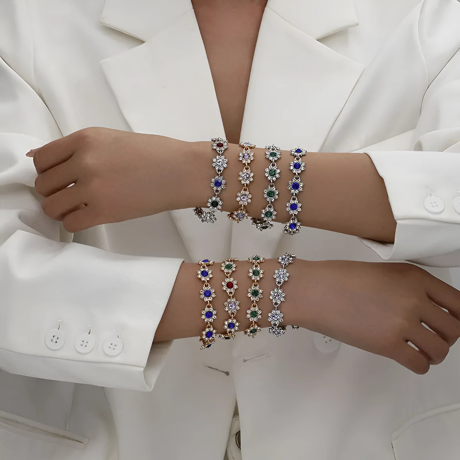Luxury style bracelet with coloured gems and floral design on zinc alloy with electroplated finish