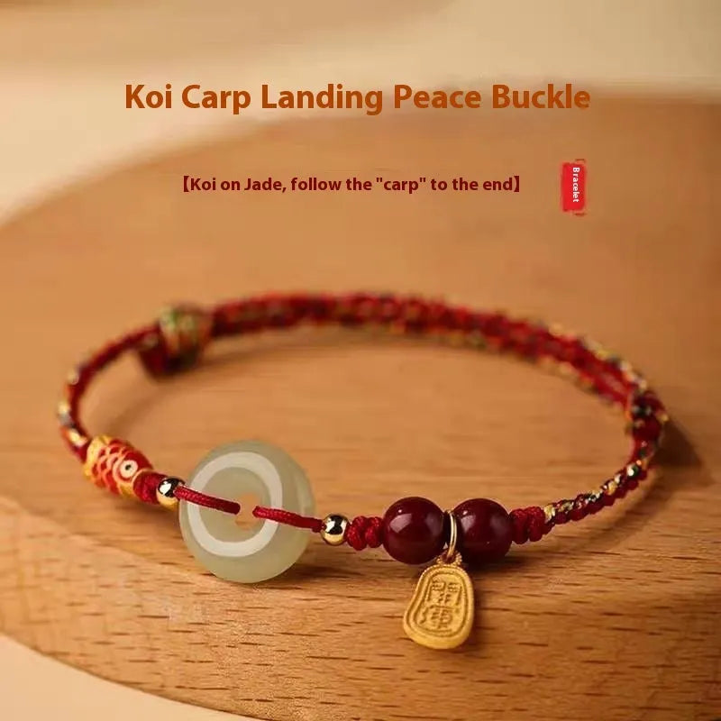 Handmade bracelet with jade peace buckle on black, colourful, or red braided rope.