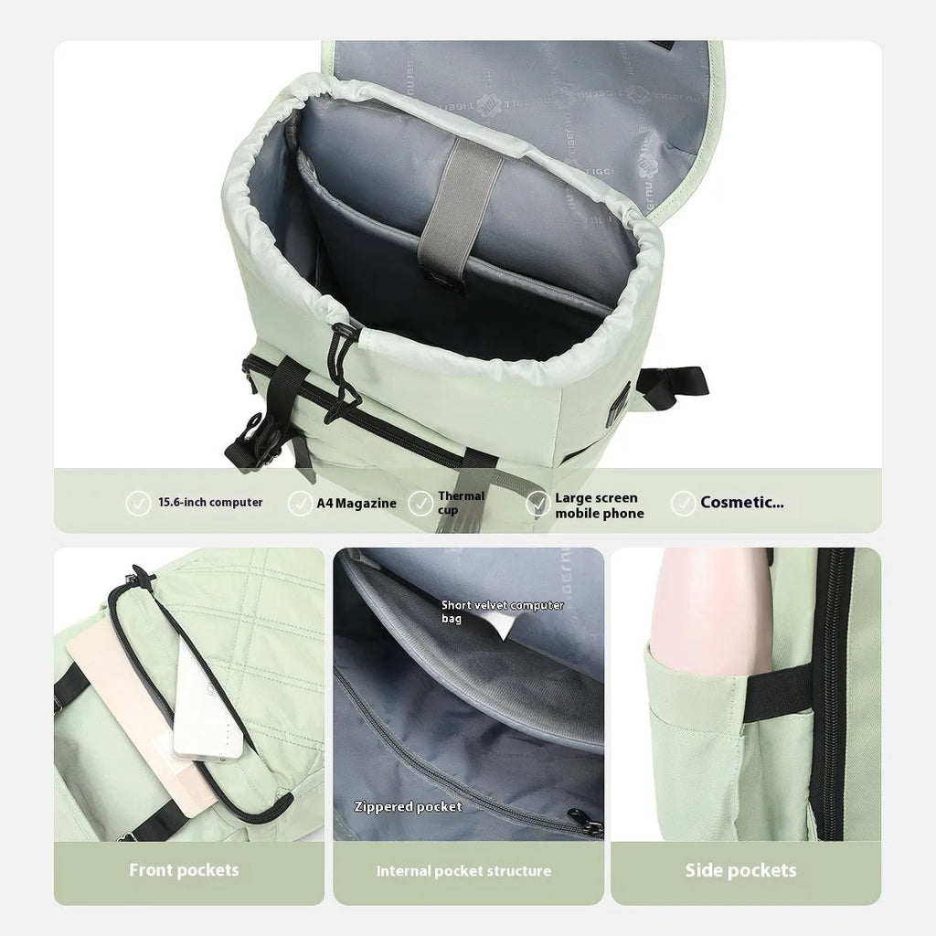 Light green Nylon school travel backpack with 15.6-inch laptop compartment and three-dimensional pockets