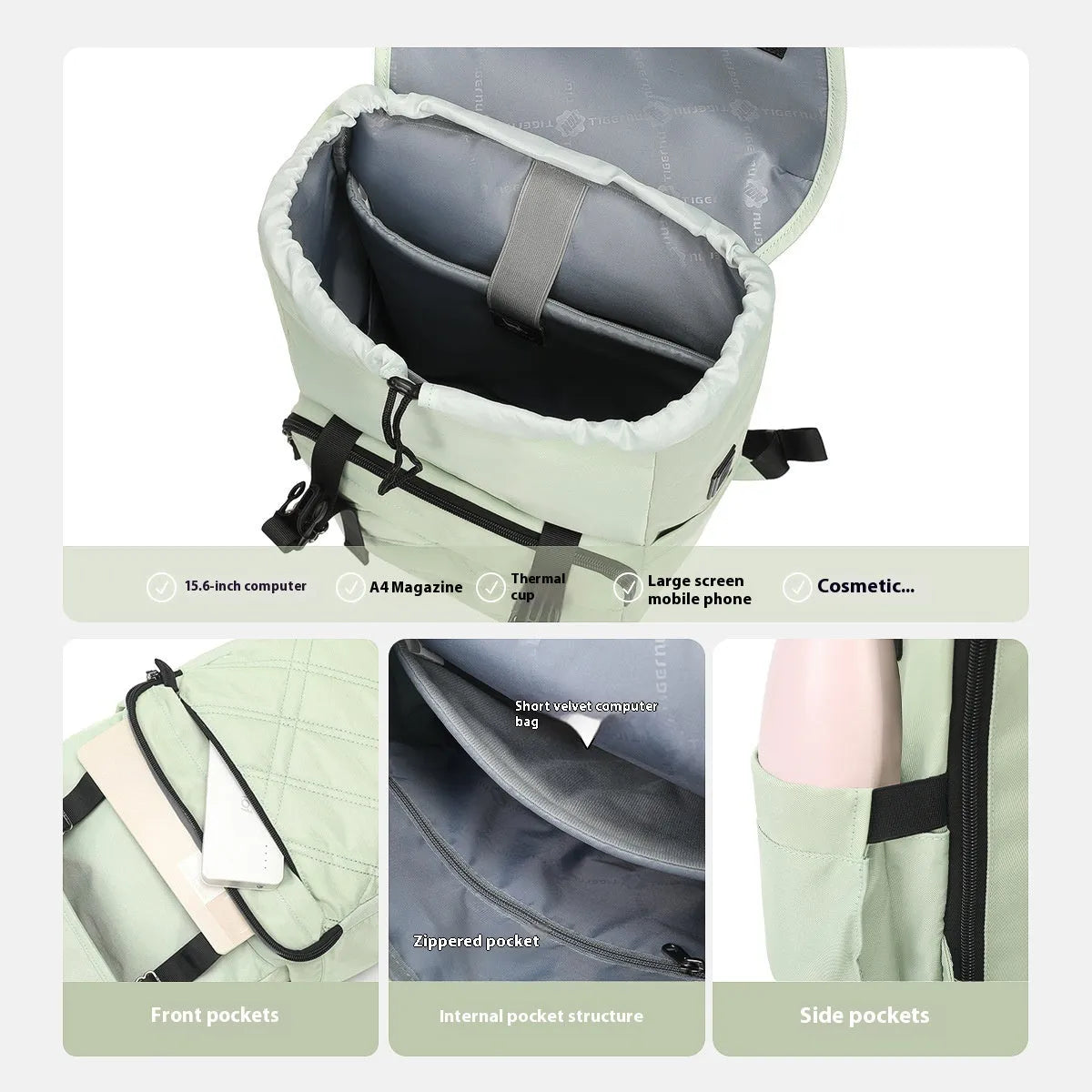 Light green Nylon school travel backpack with 15.6-inch laptop compartment and three-dimensional pockets