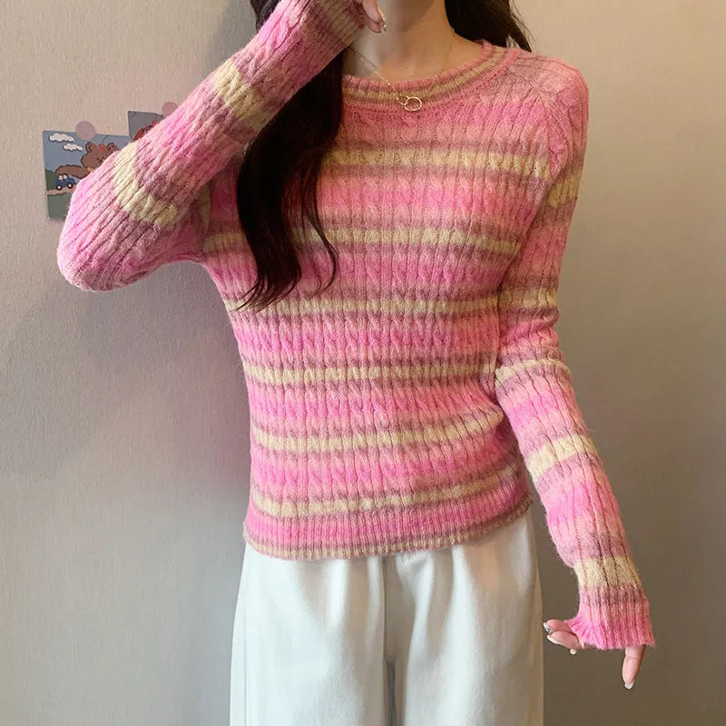 Women's striped round neck pullover sweater in pink or purple, slim fit long sleeve 50cm top