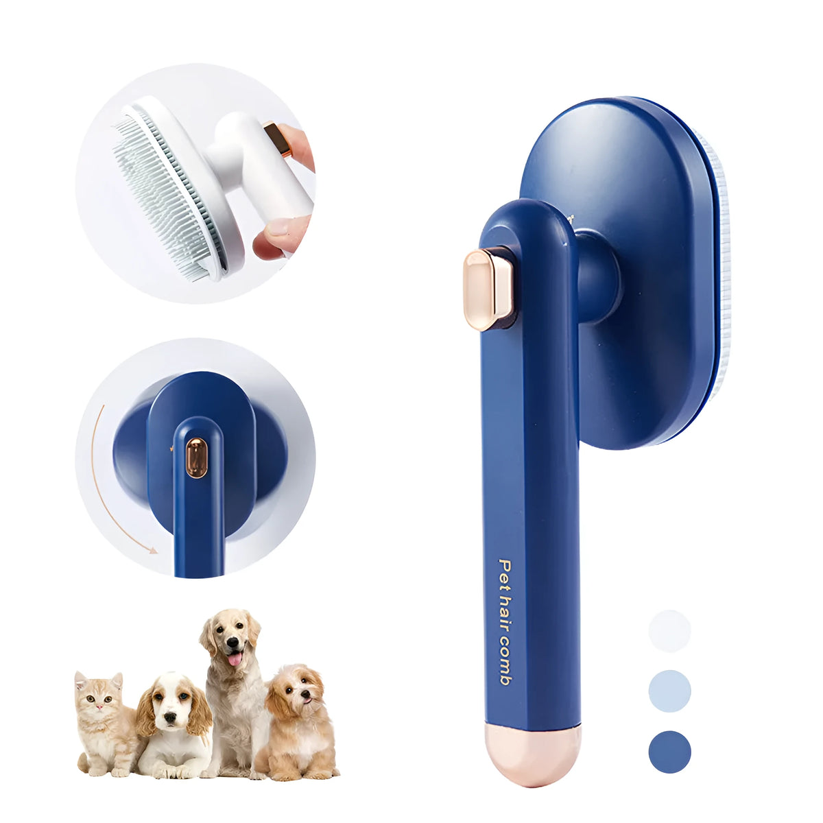 Self-cleaning pet comb for dogs with arc needle head in white, light blue, dark blue options on clean background