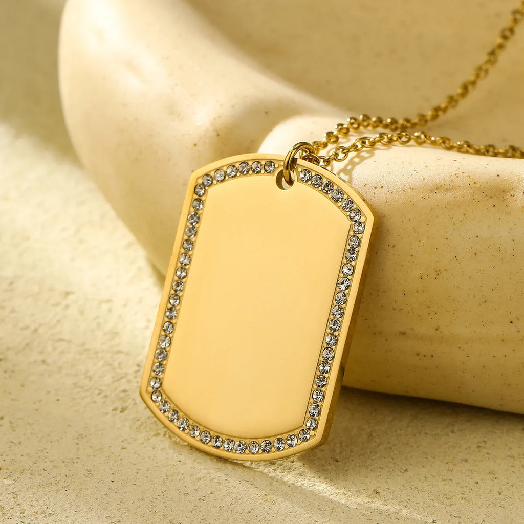 Geometric diamond inlaid titanium steel necklace with 18K gold electroplated finish, adjustable chain 41-50cm, round pendant