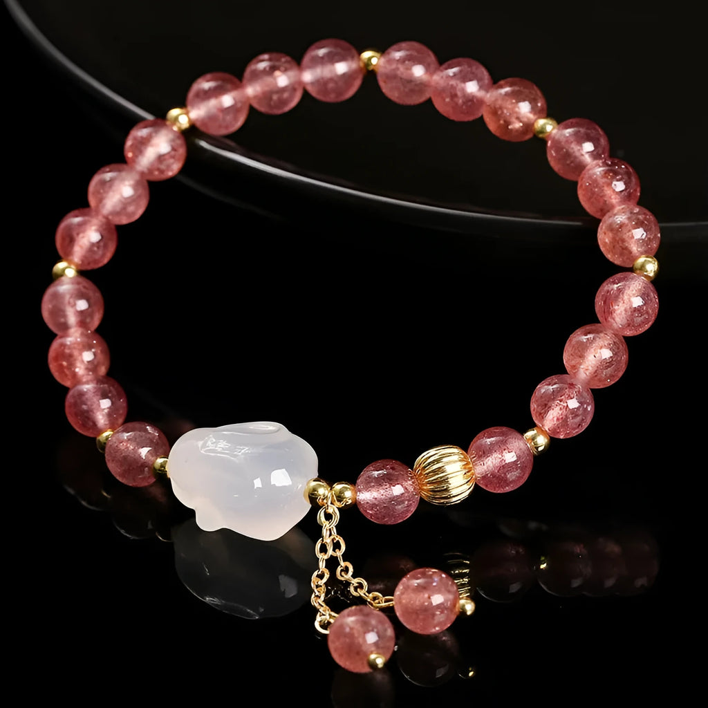 Natural strawberry quartz and agate bracelet with 6mm geometric white rabbit beads