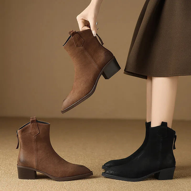 Women's martin boots retro chunky heel ankle boots in solid colour with round toe and low tube
