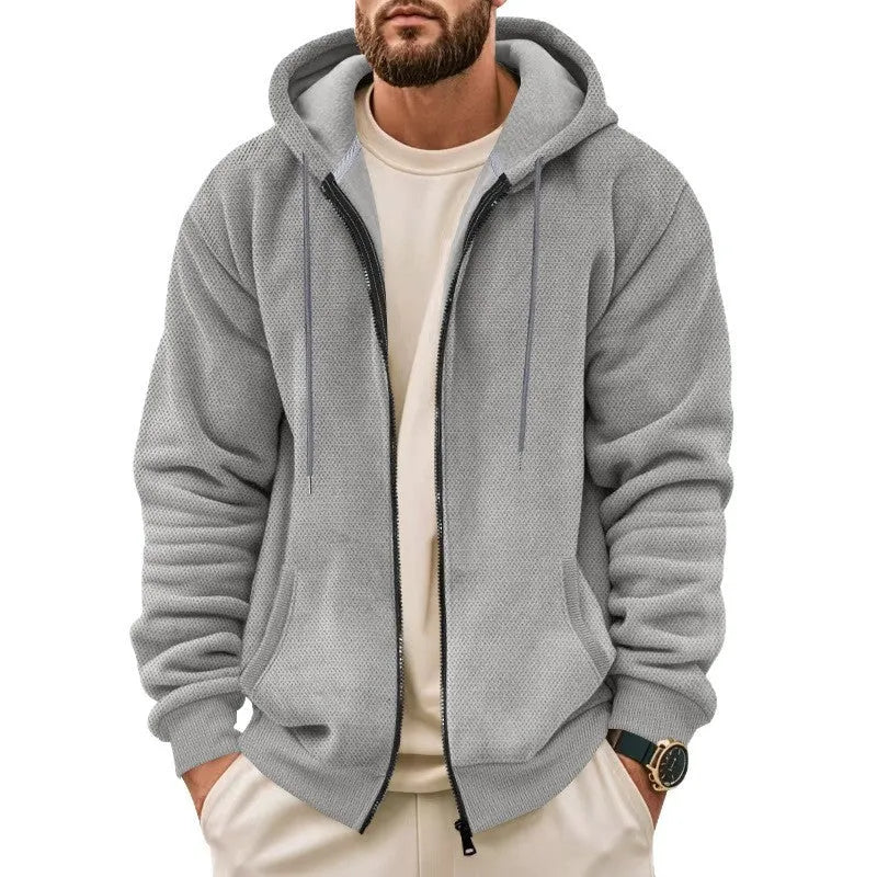 Men's thickened fleece-lined zip hoodie in gray, khaki, black, navy blue, or military green