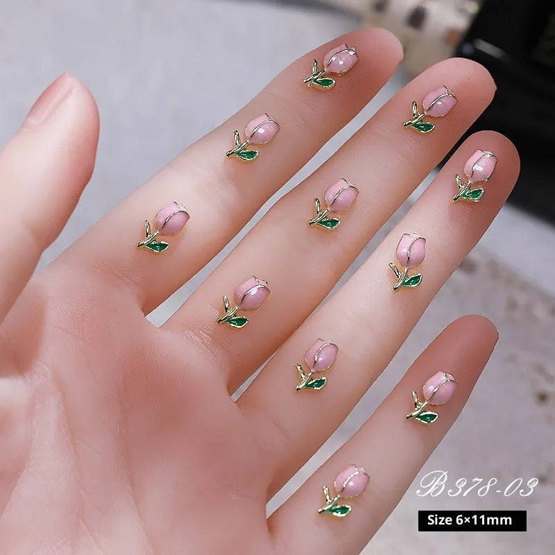 Three-dimensional tulip fingernail decoration made from alloy in solid colour style on a nail