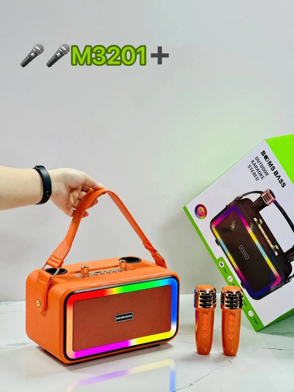 M3201 portable Bluetooth speaker in choice of black, dark brown, or orange red with two microphones.