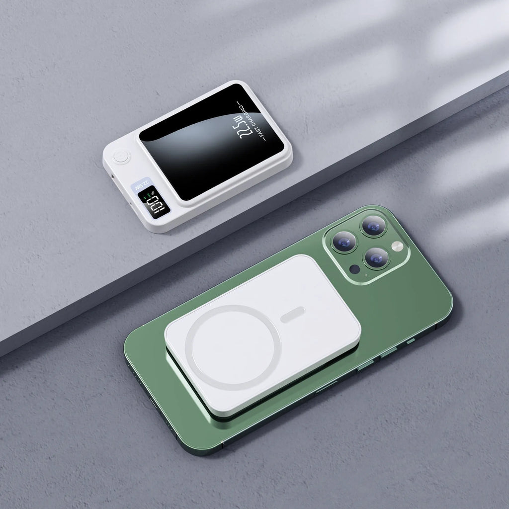 Wireless power bank in industrial style plastic design showing Magsafe charging surface