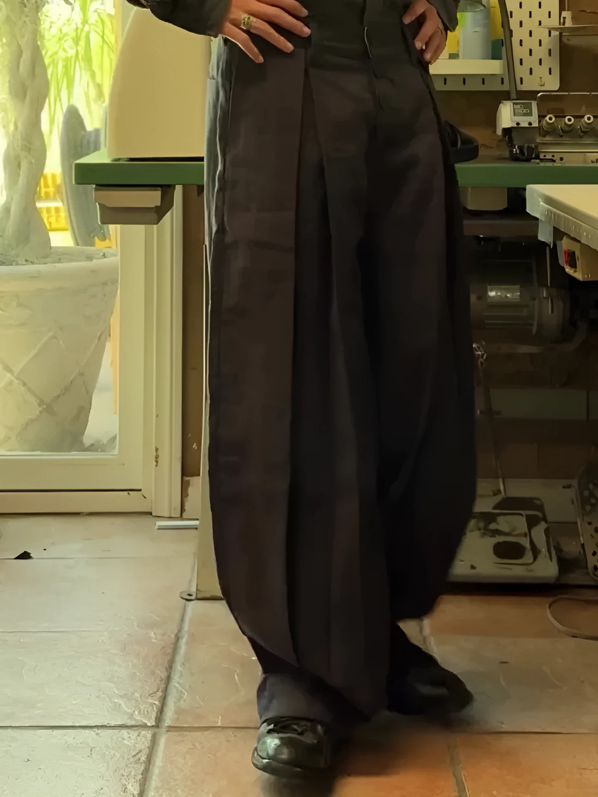 Black casual single-breasted linen wide-leg pants, full-length, regular fit, sizes S to 2XL.