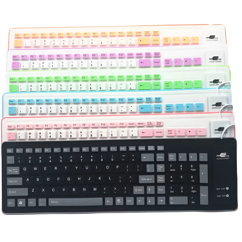 Folding waterproof dustproof silicone keyboard with USB cable, shown in pink, purple, green, blue, black, or orange.