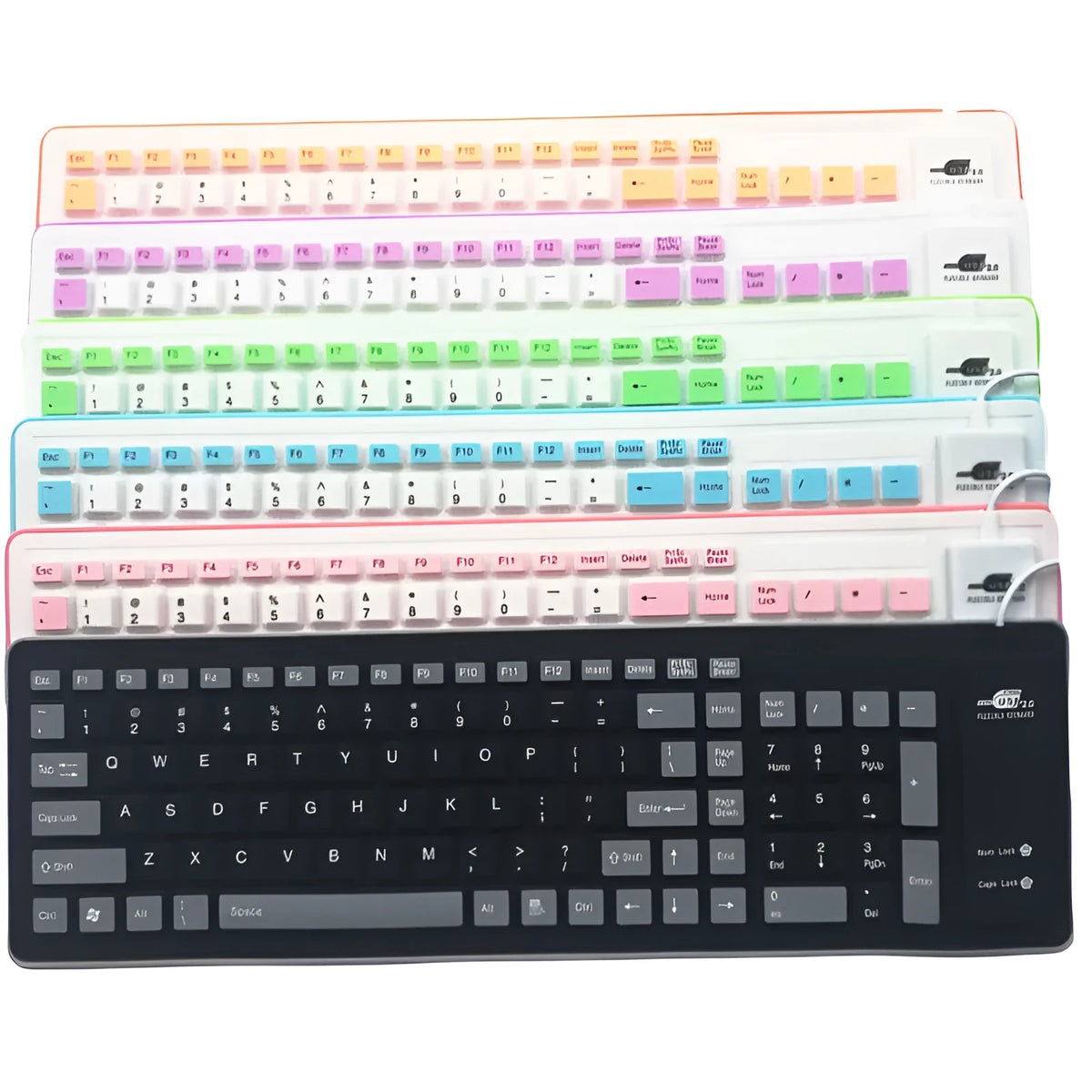 Folding waterproof dustproof silicone keyboard with USB cable, shown in pink, purple, green, blue, black, or orange.