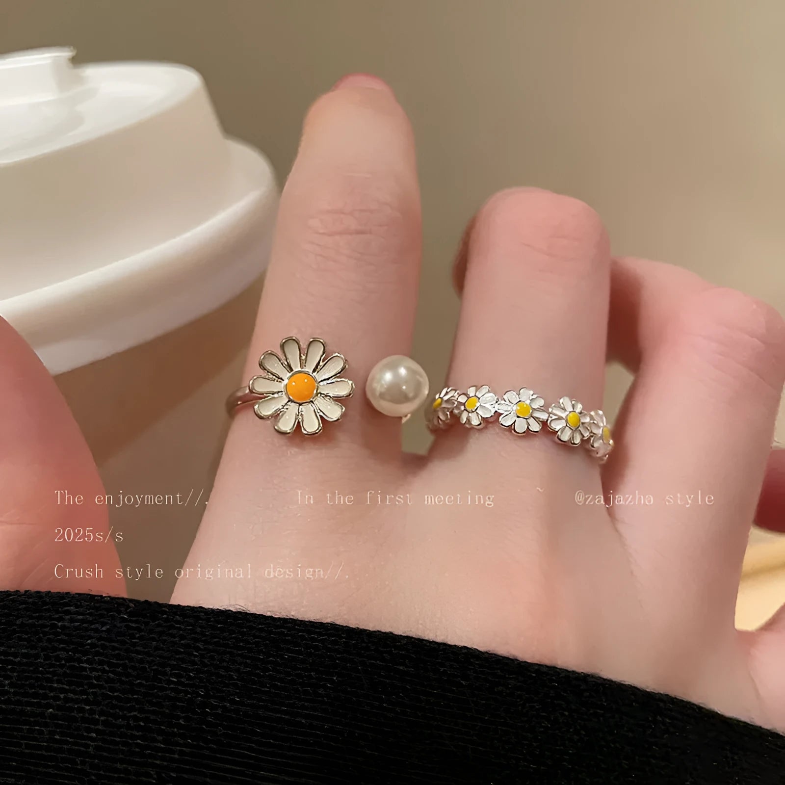 Women's copper opening ring with a sweet twin daisy design and pearl accent on a white background.