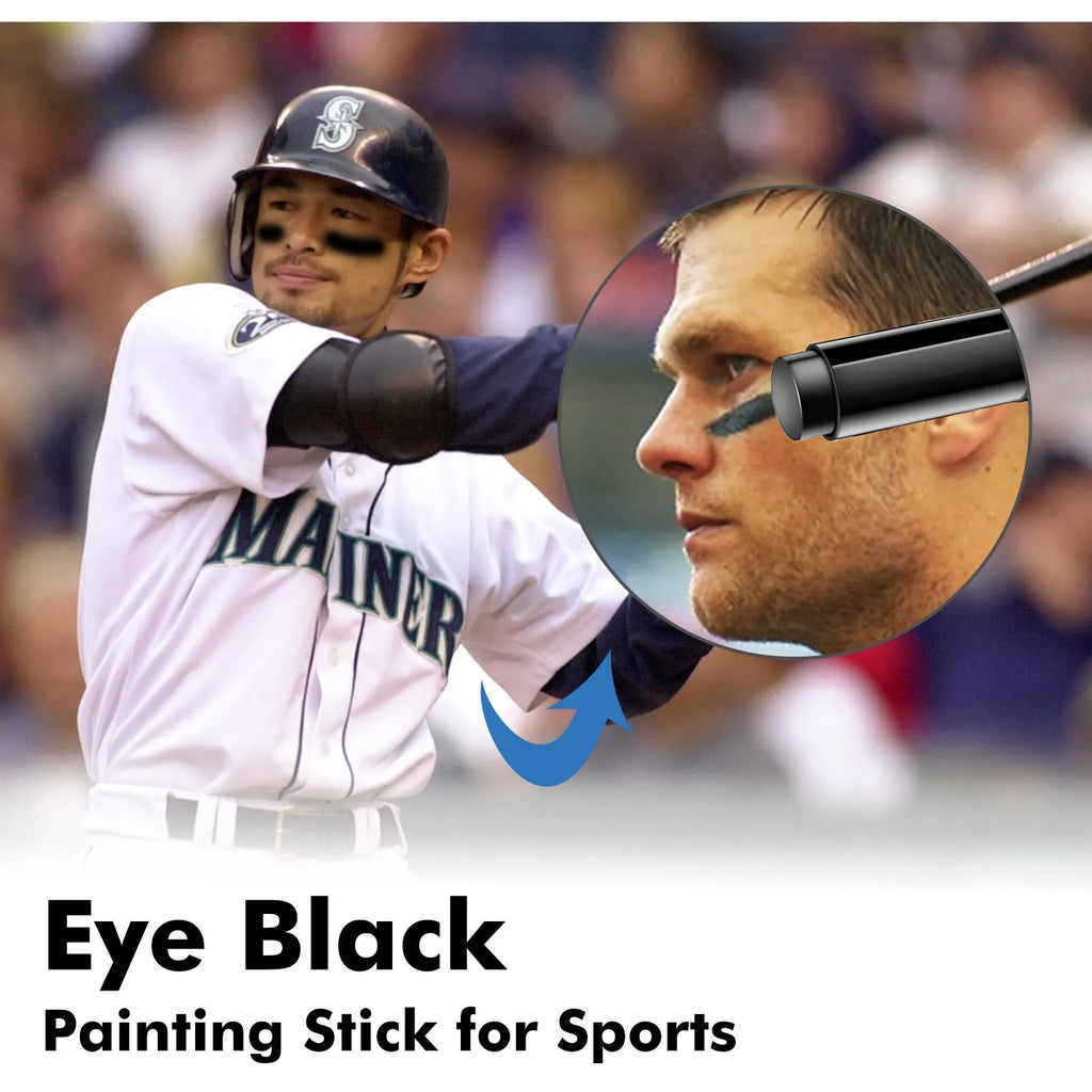 Sports eye black paint stick in compact 8.6cm case for sweat-proof glare reduction.