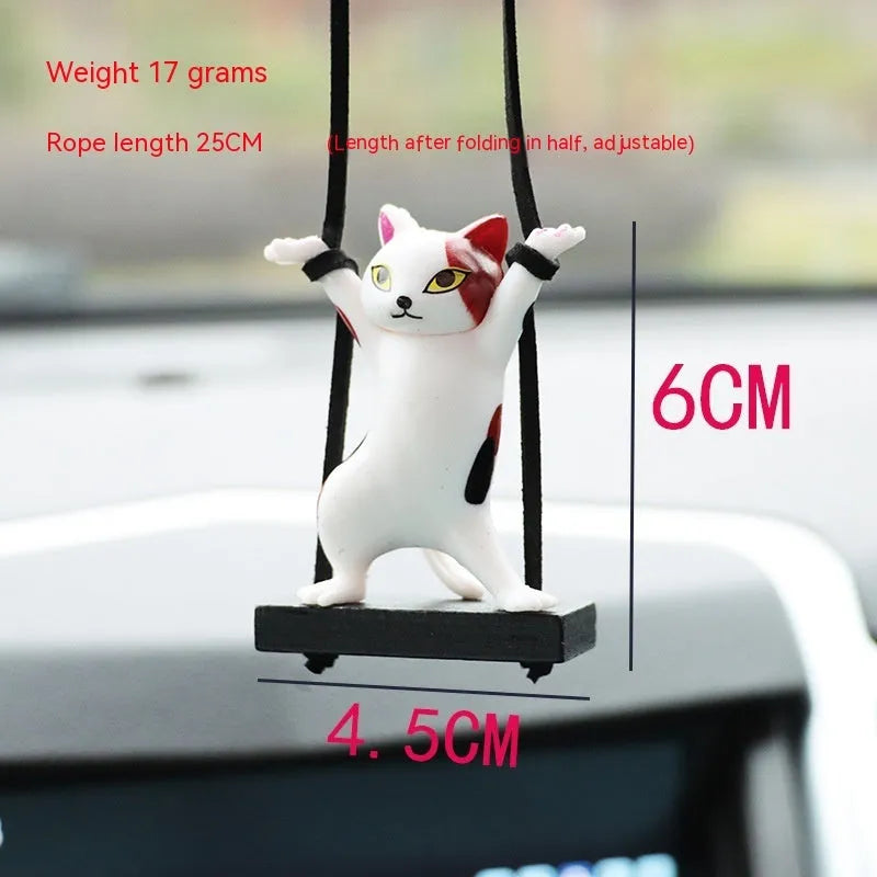 Resin cartoon cat pendant for car interior decoration with adjustable rope, shown in various colours.