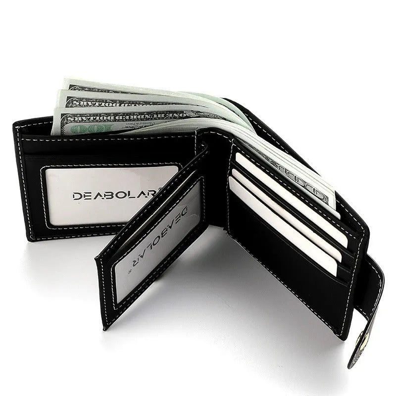 Black men's short wallet with animal pattern, zipper closure, and multiple card slots in PU leather