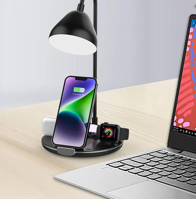 Black magnetic folding wireless charger with phone stand unfolded showing iPhone placement