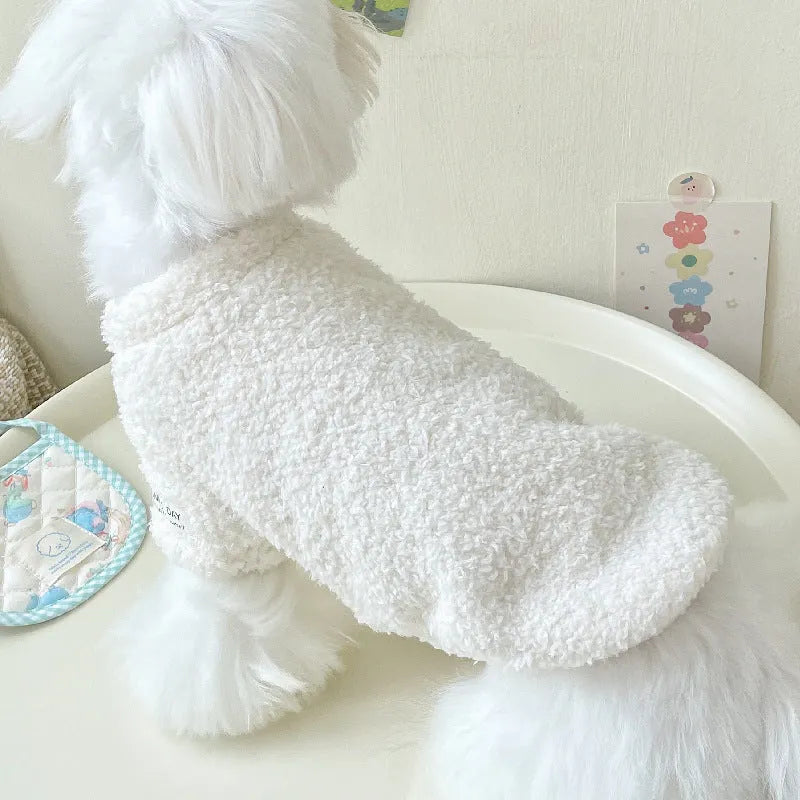 A small dog wearing a double-sided cloud velvet thickened jacket in one of six available colours.