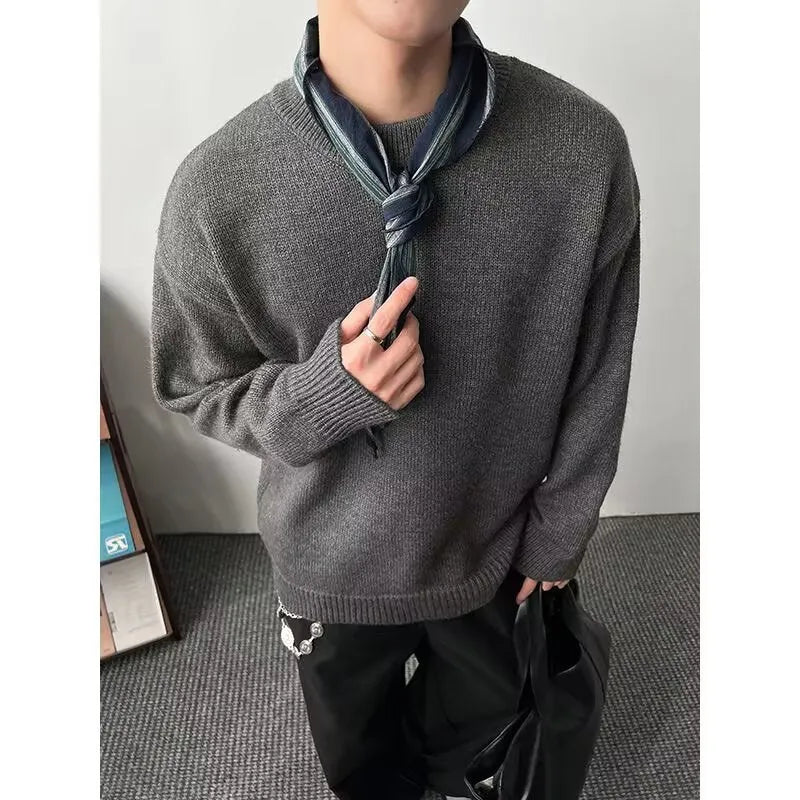 Men's loose fit round neck pullover sweater in cotton blend with long sleeves, available in multiple colours