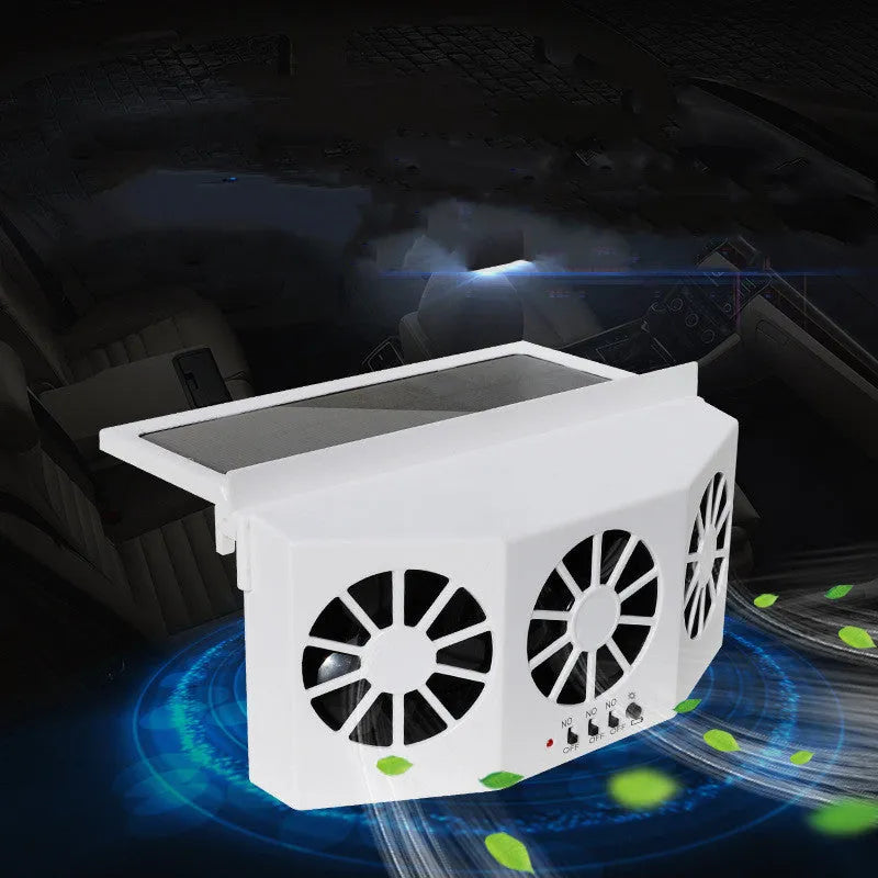 Solar car exhaust fan in black ABS with three outlet vents on a car window