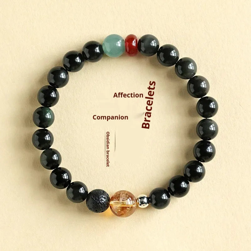 Chinese style obsidian yellow tower crystal agate jade bracelet in 8mm or 10mm bead sizes