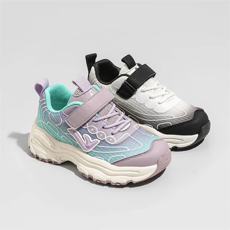 Black and purple striped children's lace-up sneakers with a mesh upper and rubber sole.