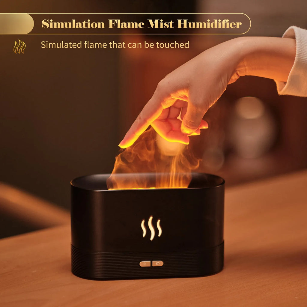 Black square ultrasonic aroma diffuser with flame effect LED light and mist output