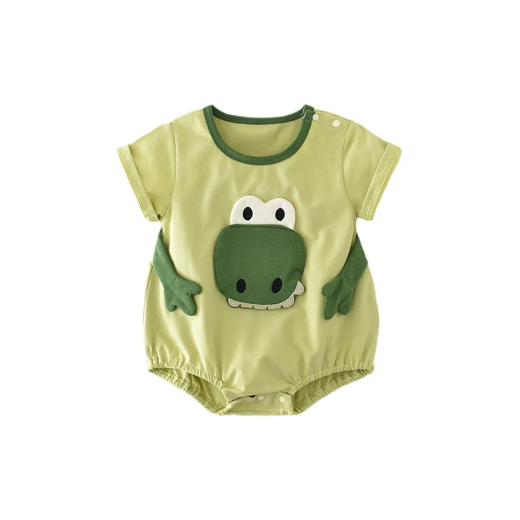 Light green cotton cartoon dinosaur full moon jumpsuit for infants with pullover closure