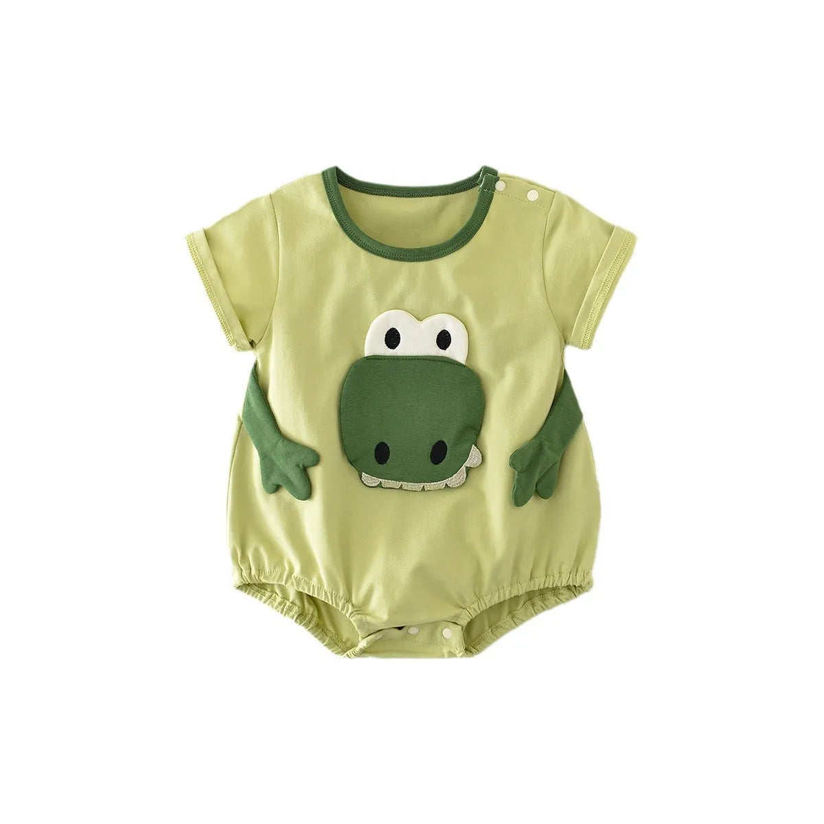 Light green cotton cartoon dinosaur full moon jumpsuit for infants with pullover closure