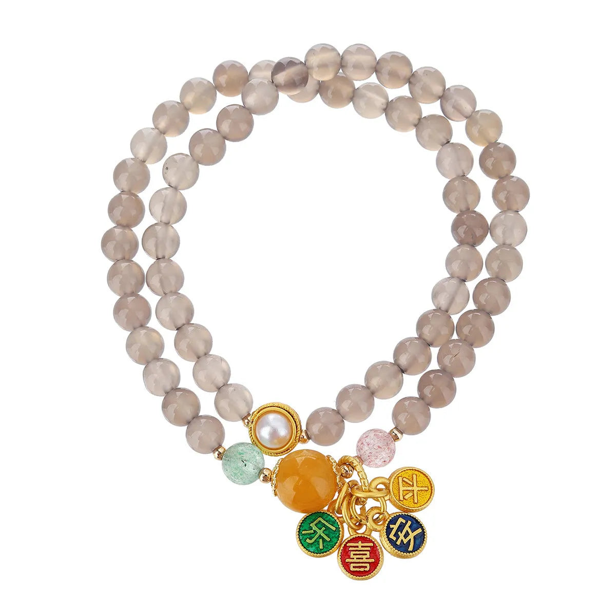 Close-up of a natural grey agate two-circle bracelet with retro design on a wrist.
