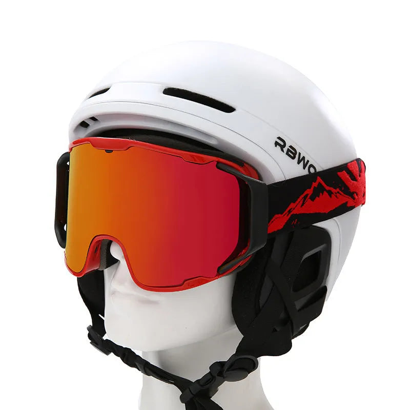 Double-layer anti-fog ski goggles with full real film lens, shown in a choice of six frame and lens colours.