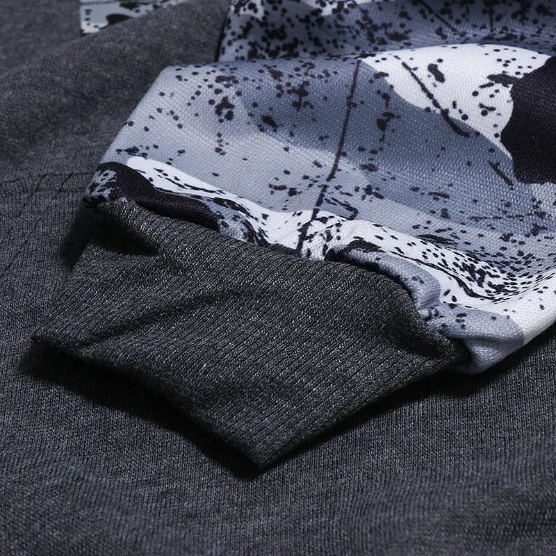 Men's long sleeve camouflage print hooded sweatshirt in black, light grey, or dark grey with raglan sleeves, sizes M to XXL