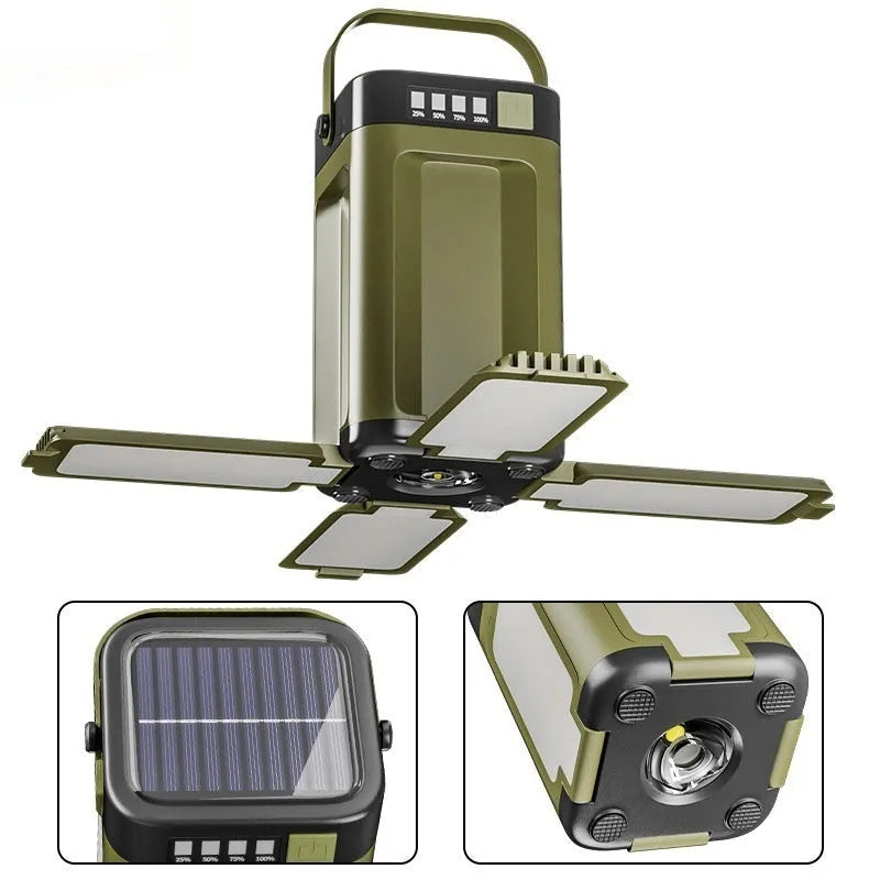 Solar camping light with four-leaf folding belt, press switch, 12 x 7 x 7 cm size and built-in 2000 mAh 18650 battery