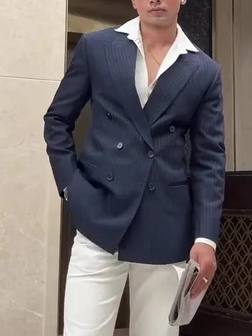 Men's striped double-breasted blazer on hanger showing regular length and structured front