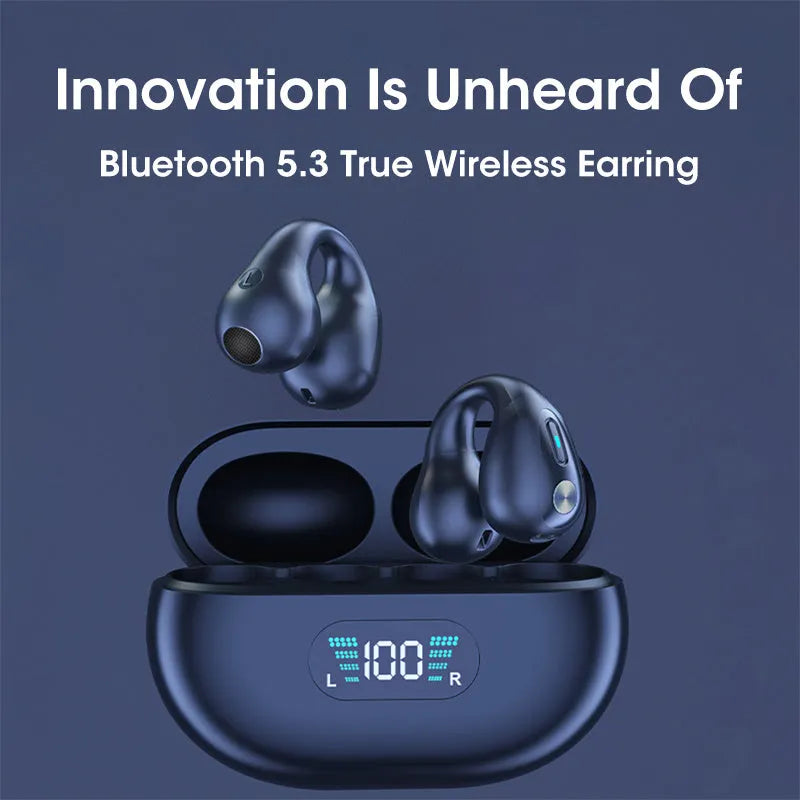 Q80 clip bone conduction Bluetooth headset in black, white, or khaki, showing ear clip design.