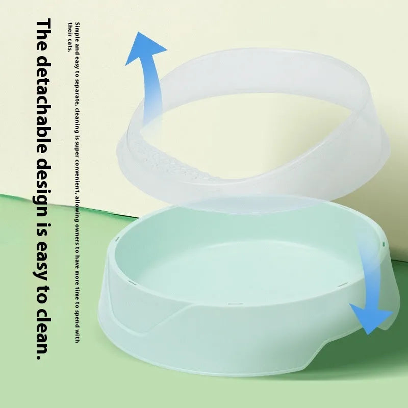 Round deodorant cat litter box in mint green and pink colour options showing large and small sizes.