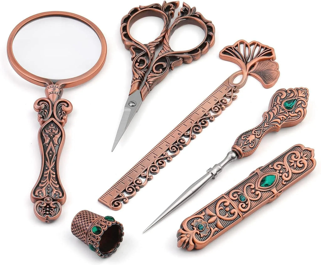 Retro walking in the waves sewing tool set boxed with stainless steel scissors and awl in gold