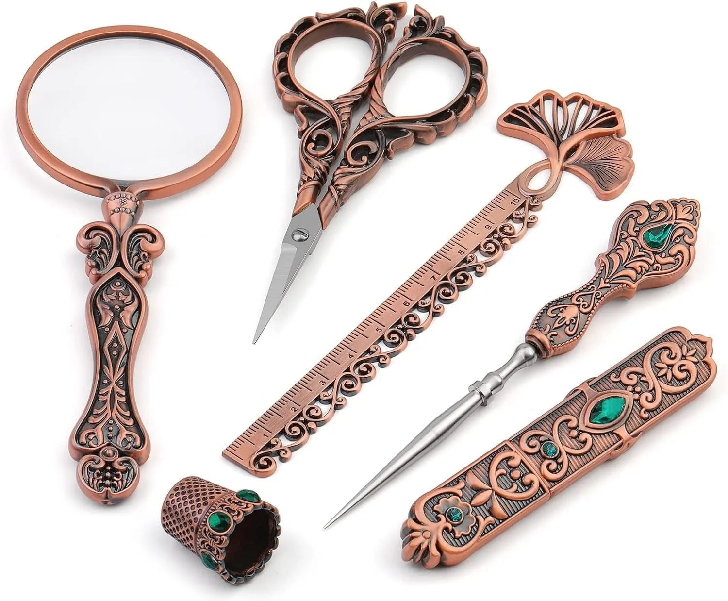 Retro walking in the waves sewing tool set boxed with stainless steel scissors and awl in gold