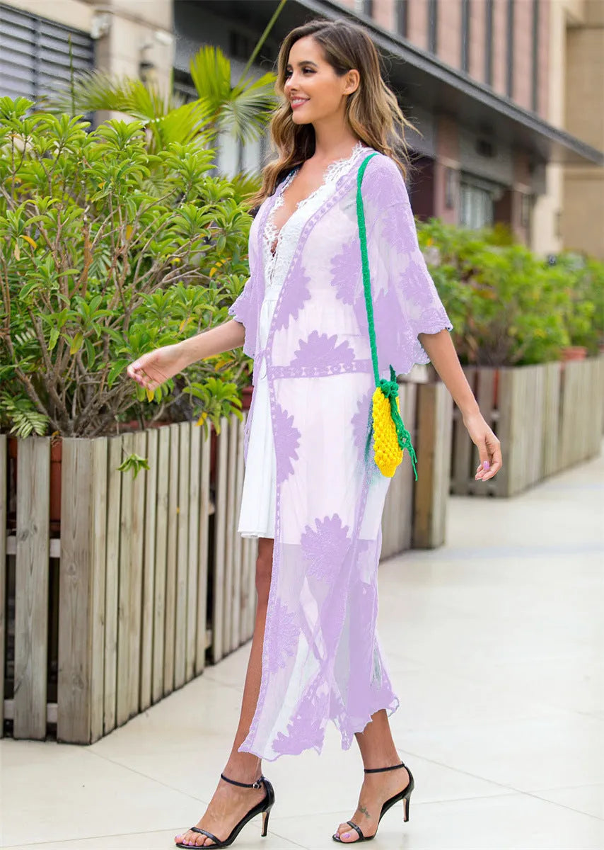 Light purple lace embroidery beach cover-up dress with a polyester and cotton blend construction.