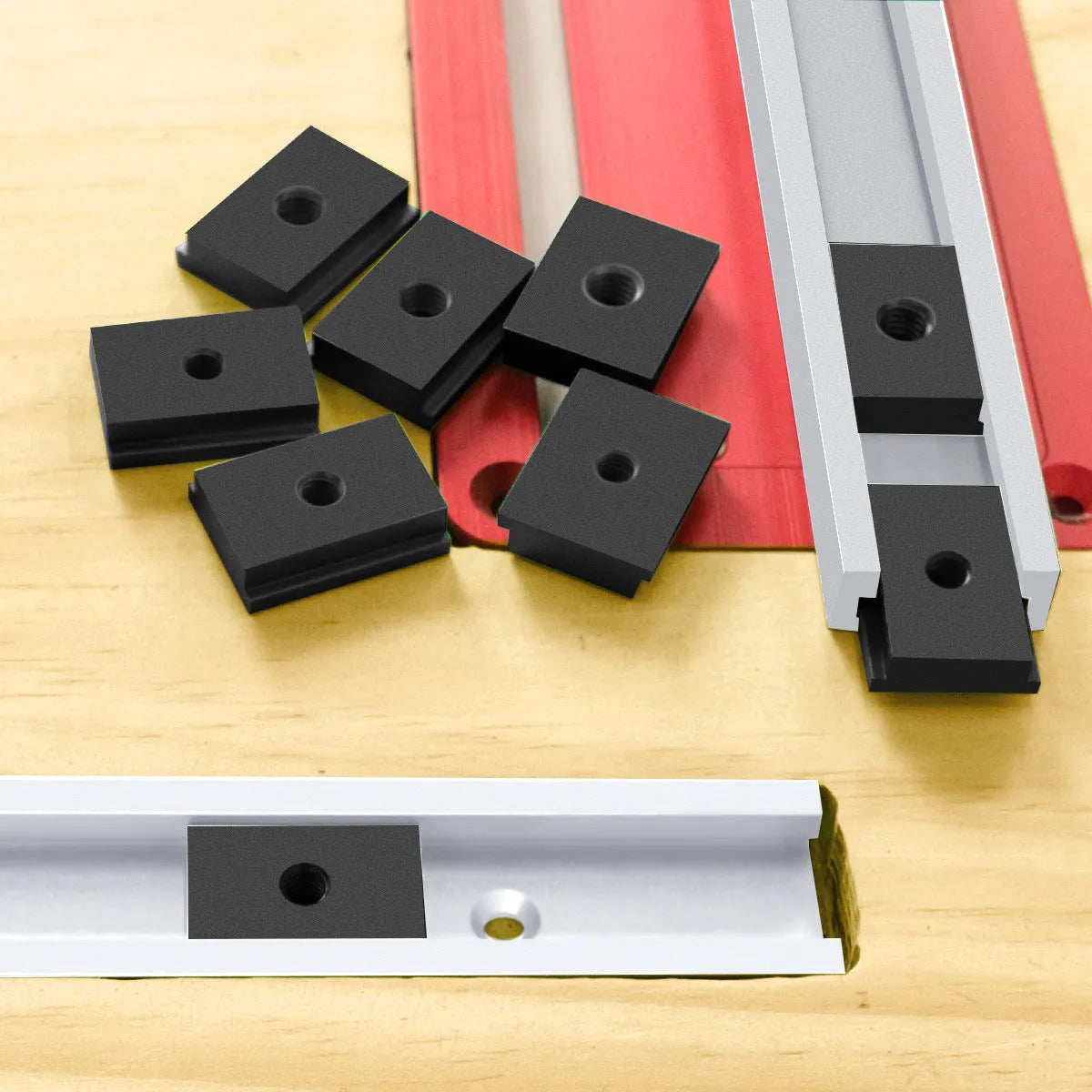 Aluminium woodworking sliding chute slider for T-slot tracks in black silver blue red colours