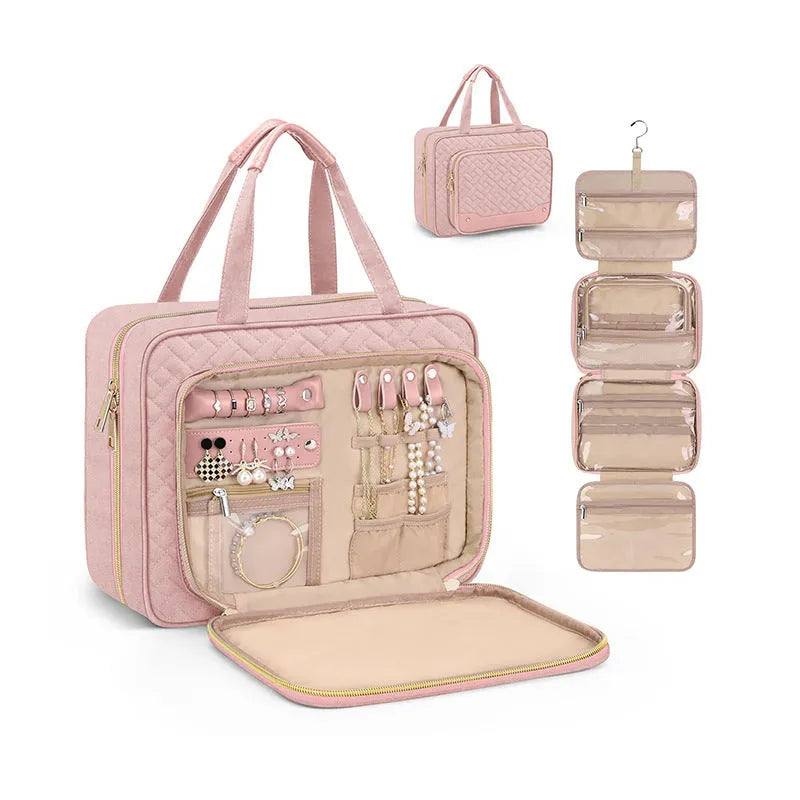 Hanging waterproof cosmetic bag in pink or black measuring 30.5 x 11 x 22.9 cm