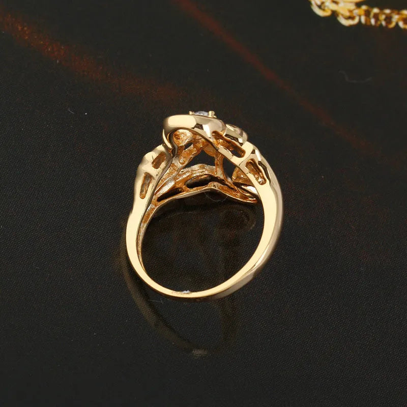 Gold and white zircon irregular leaf ring with copper band, geometric women's design in sizes 5.25 to 9