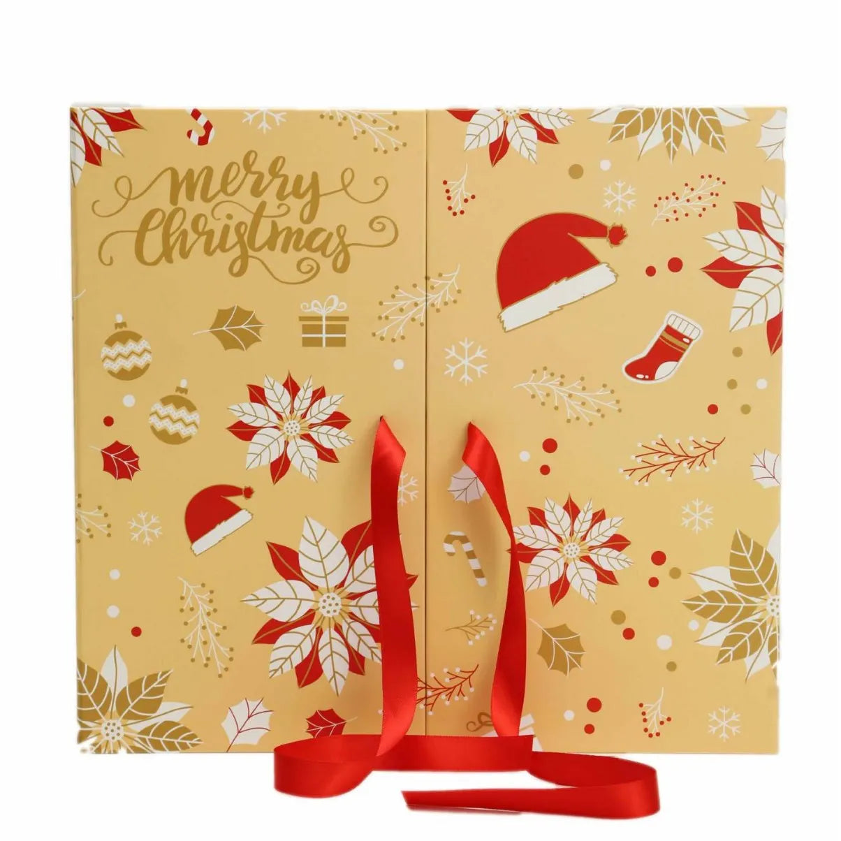 Yellow countdown calendar Christmas gift box with double doors and oil painting style finish on a shelf