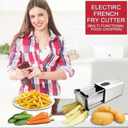 Powerful electric french fry cutter machine with stainless steel blades for slicing potatoes, carrots, and other vegetables