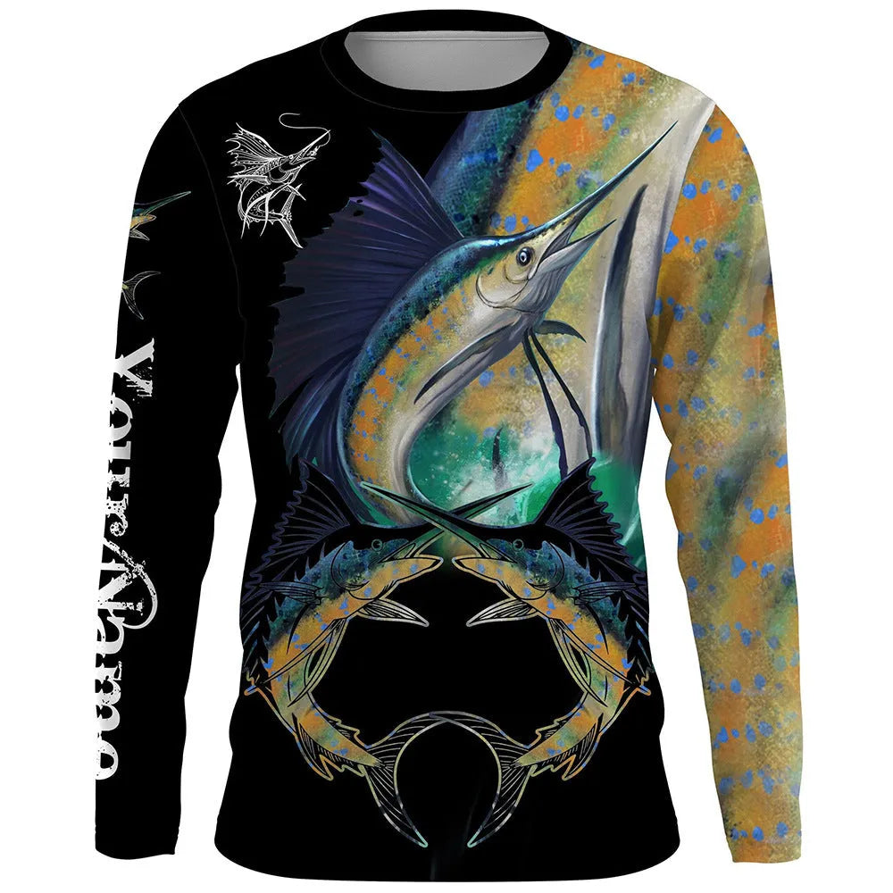 Men's milk silk fish print pullover top with round neck and long sleeves