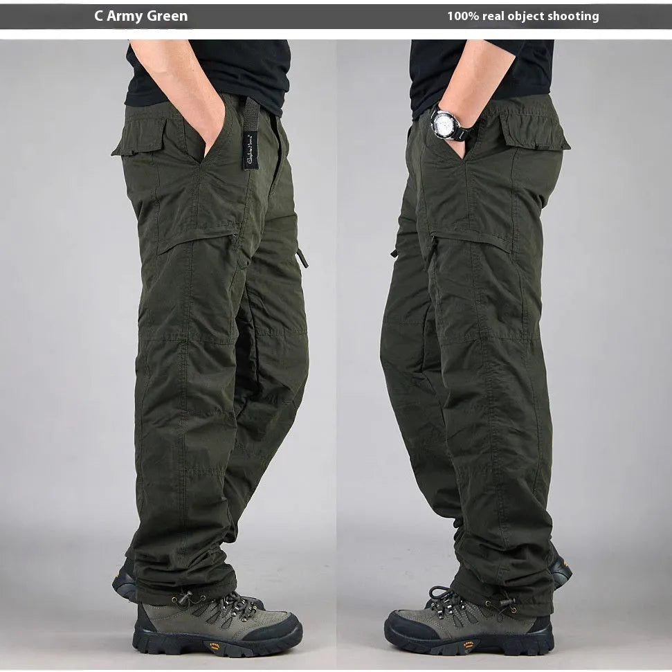 Men's cotton velvet overalls with wool lining in khaki, black, and army green colours showing loose fit and straight leg design